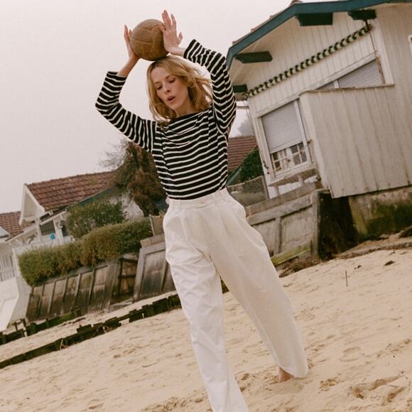 NWT Doen Irene Cotton Striped Boat Bateau Neck Long Sleeve Top Breton Stripe - Picture 3 of 11